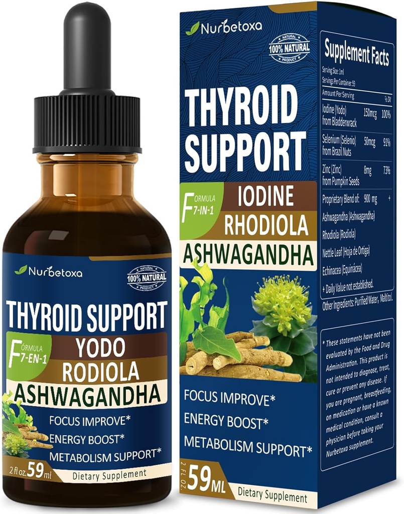 Thyroidea Support Drops - Flydende jod supplement, Gotas de YODO y Selenio para Tiroides, Con Rodiola Semenovii y Ortiga, Fight Brain Fog w / Ashwagandha & Rhodiola Extract Tincture.2 oz