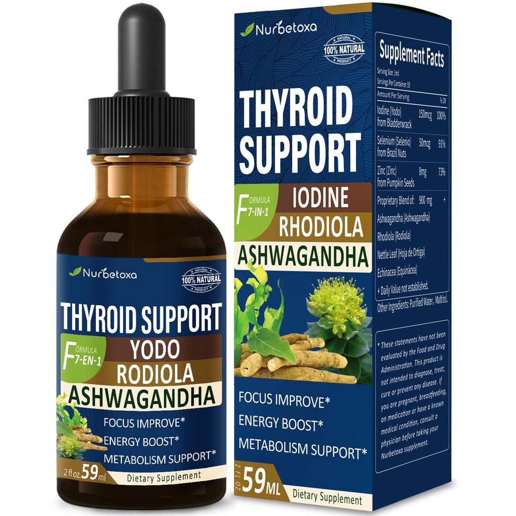 Thyroidea Support Drops - Flydende jod supplement, Gotas de YODO y Selenio para Tiroides, Con Rodiola Semenovii y Ortiga, Fight Brain Fog w / Ashwagandha & Rhodiola Extract Tincture.2 oz