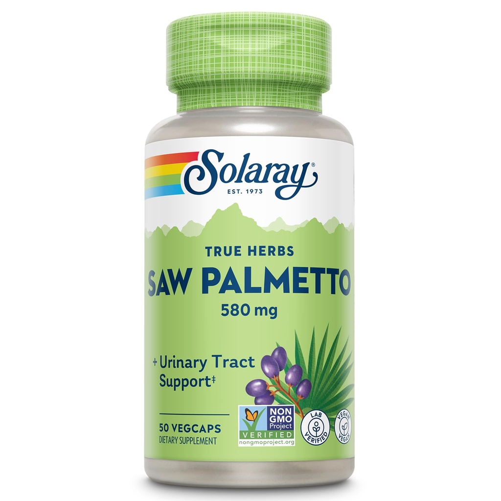 SOLARAY Saw Palmetto Berry 580 mg, sund prostata og urinveje støtte fra fede syrer & plante steroider til mænd og kvinder, non-GMO, Vegan & Lab Verified, 50 VegCaps, 50 Servere