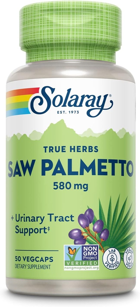 SOLARAY Saw Palmetto Berry 580 mg, sund prostata og urinveje støtte fra fede syrer & plante steroider til mænd og kvinder, non-GMO, Vegan & Lab Verified, 50 VegCaps, 50 Servere