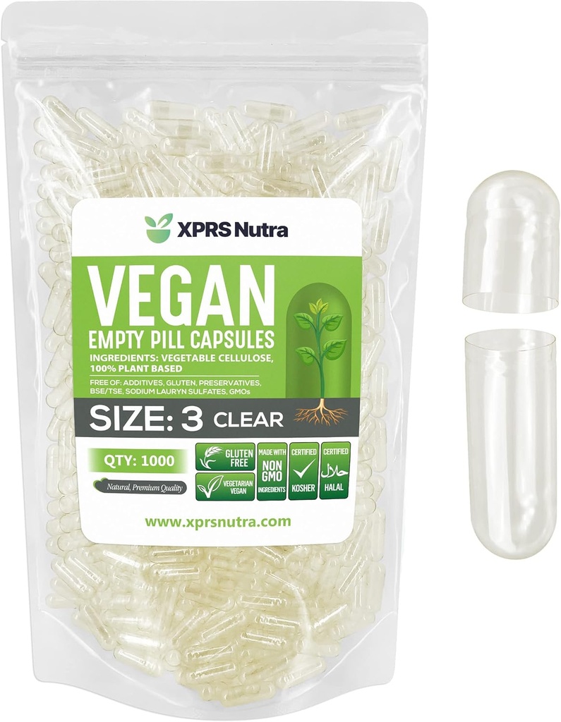 XPRS Nutra Størrelse 3 Tomme kapsler - 1000 Tomme Veganske kapsler - Vegetariske piller - selv vegetabilsk Capsule Fyldning - Veggie Pill Caps