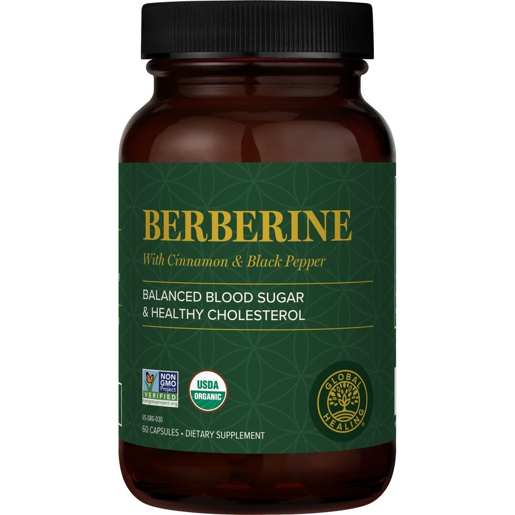 Global Healing Center - Organic Berberine (Berberina) med Ceylon Cinnamon & Black Pepper, 1200 mg- Extra Strength Berberine Supplement & Complex til vægttab (60 kapsler)