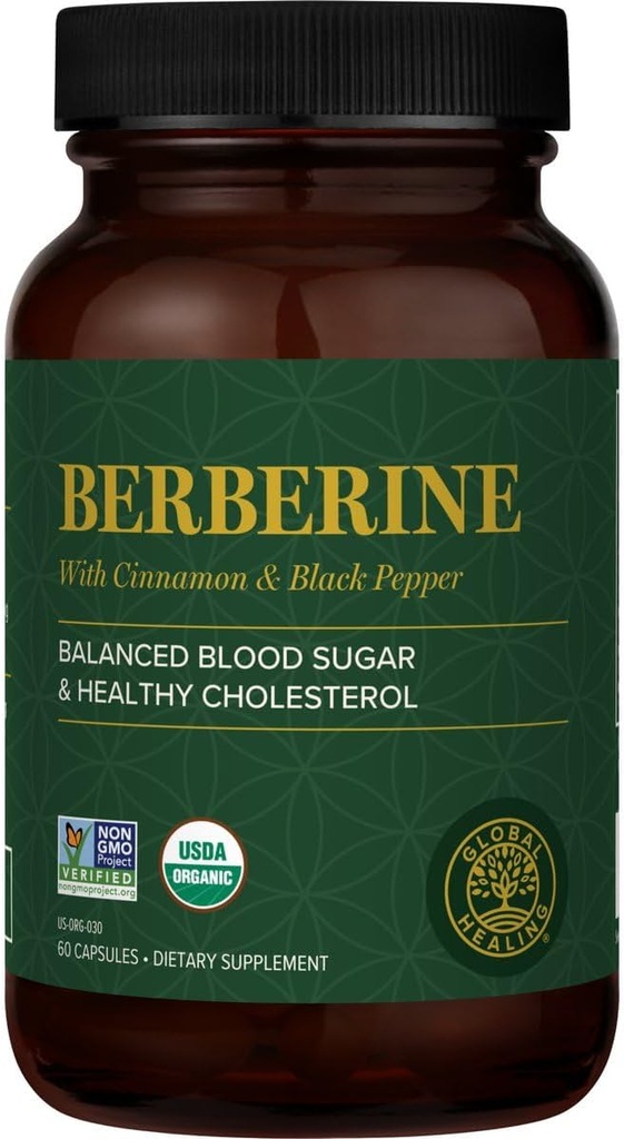 Global Healing Center - Organic Berberine (Berberina) med Ceylon Cinnamon & Black Pepper, 1200 mg- Extra Strength Berberine Supplement & Complex til vægttab (60 kapsler)