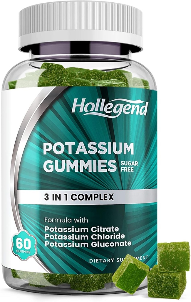 Kalium 3 i 1 Complex Gummies Sugar Free, New Formel med 99mg Kalium Citrat, Kalium Chlorid, Kalium Gluconat, Leg Cramp & Muscle Supplements, 60 Chewables
