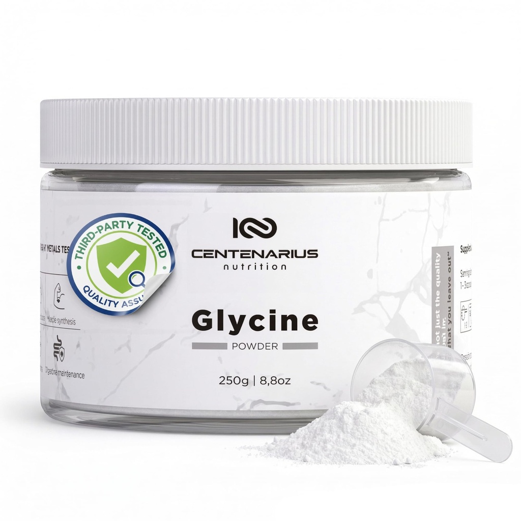 Glycin Pulver 250g • 124; Non- Essential Aminosyrer Supplement for Post Workout Muscle Recovery, fordøjelse, dvalestøtte + mere - Vegan, Additive- Free, Third- Party Testet • 124; Centenarius Nutrition
