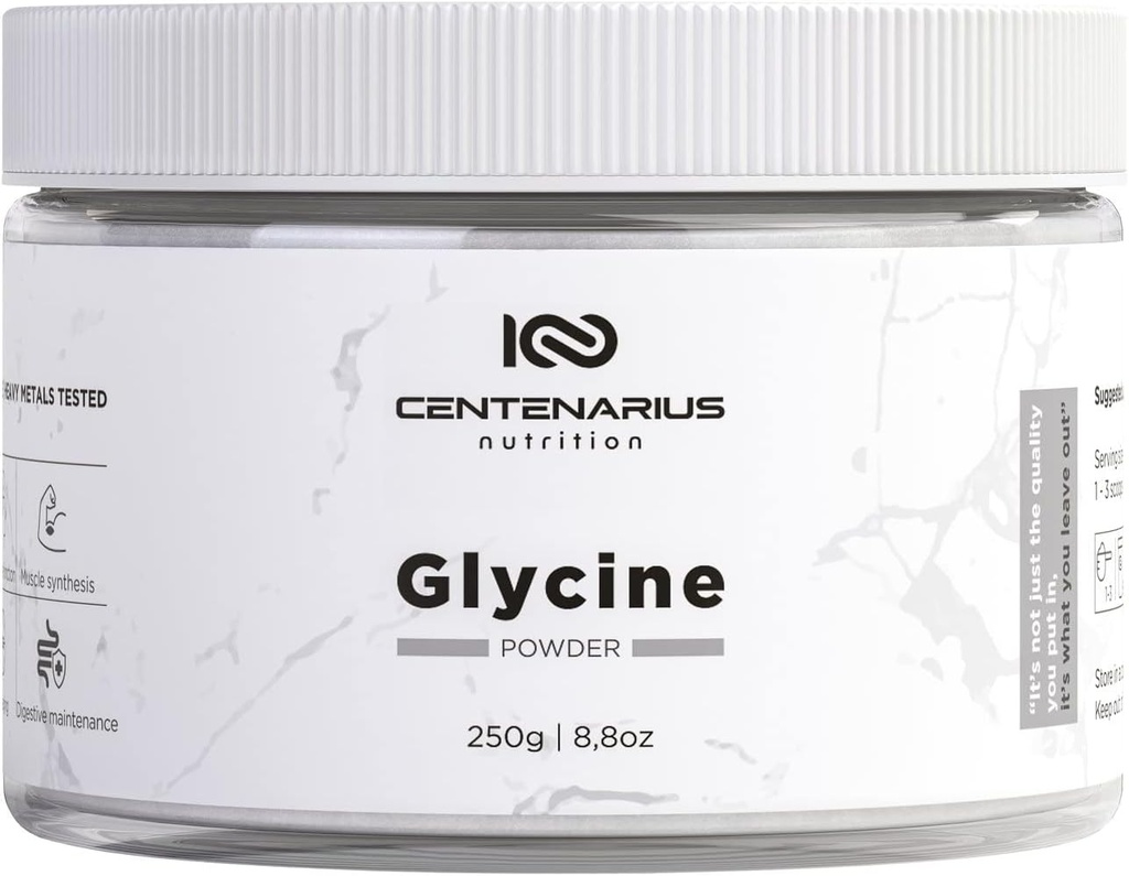 Glycin Pulver 250g • 124; Non- Essential Aminosyrer Supplement for Post Workout Muscle Recovery, fordøjelse, dvalestøtte + mere - Vegan, Additive- Free, Third- Party Testet • 124; Centenarius Nutrition