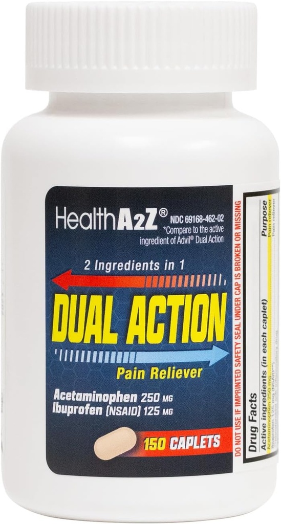 HealthA2Z ® Dual Action Pain Relief 12. 4; Acetaminophen 250 mg & Ibuprofen (NSAID) 125. 4; Indeholder to lægemidler 12. 4; Relief fra hovedpine, feber og rygsmerter (150 kapsler)