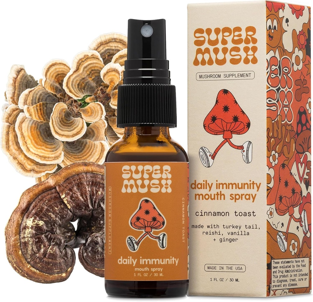 SuperMush Daglig Immunitet mund Spray Økologisk - Mushroom Immunitet Spray Kosttilskud - Tyrkiet Tail & Reishi Blandede svampe Extract - Immun & fordøjelsessygdomme Support - 30ml Pure & Organic Tyrkiet Tail