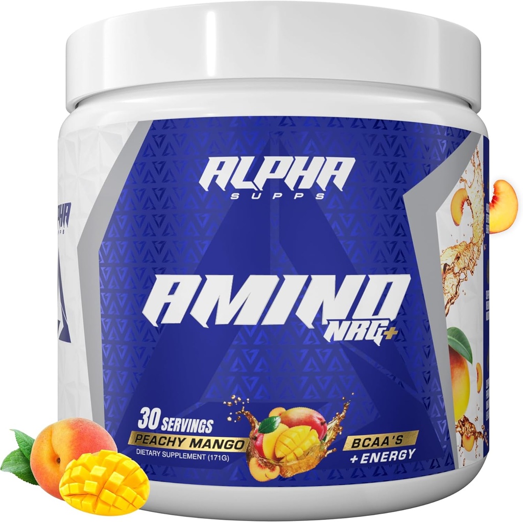 Alpha Supps Amino NRG + BCAA Amino Energy Recovery Powder - Hydration Blend med Electrolytes - Focus Blend for Optimal Performance Support i Mænd & Kvinder (30 Servere, Peachy Mango)