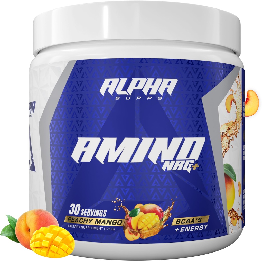 Alpha Supps Amino NRG + BCAA Amino Energy Recovery Powder - Hydration Blend med Electrolytes - Focus Blend for Optimal Performance Support i Mænd & Kvinder (30 Servere, Peachy Mango)