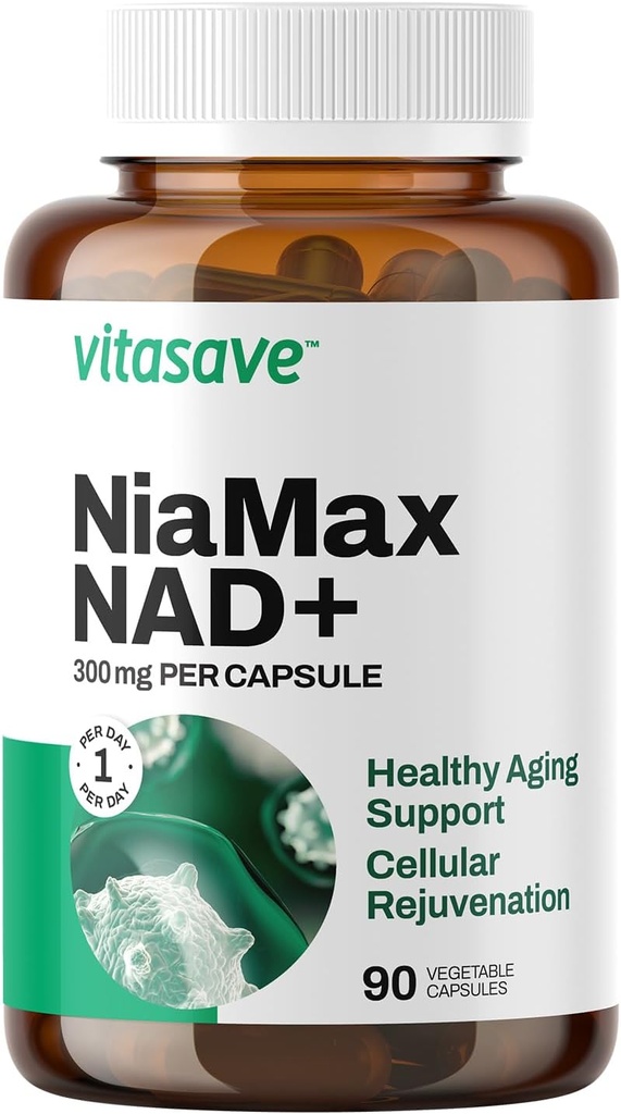 Vitasave NiaMax NAD + tillæg - 300mg Niacinamid Riboside per kapsel - højpotens NAD + prækursor for energi, sund aldring og metabolisk funktion - Vegan, ikke-GMO, Gluten- fri (90 kapsler)