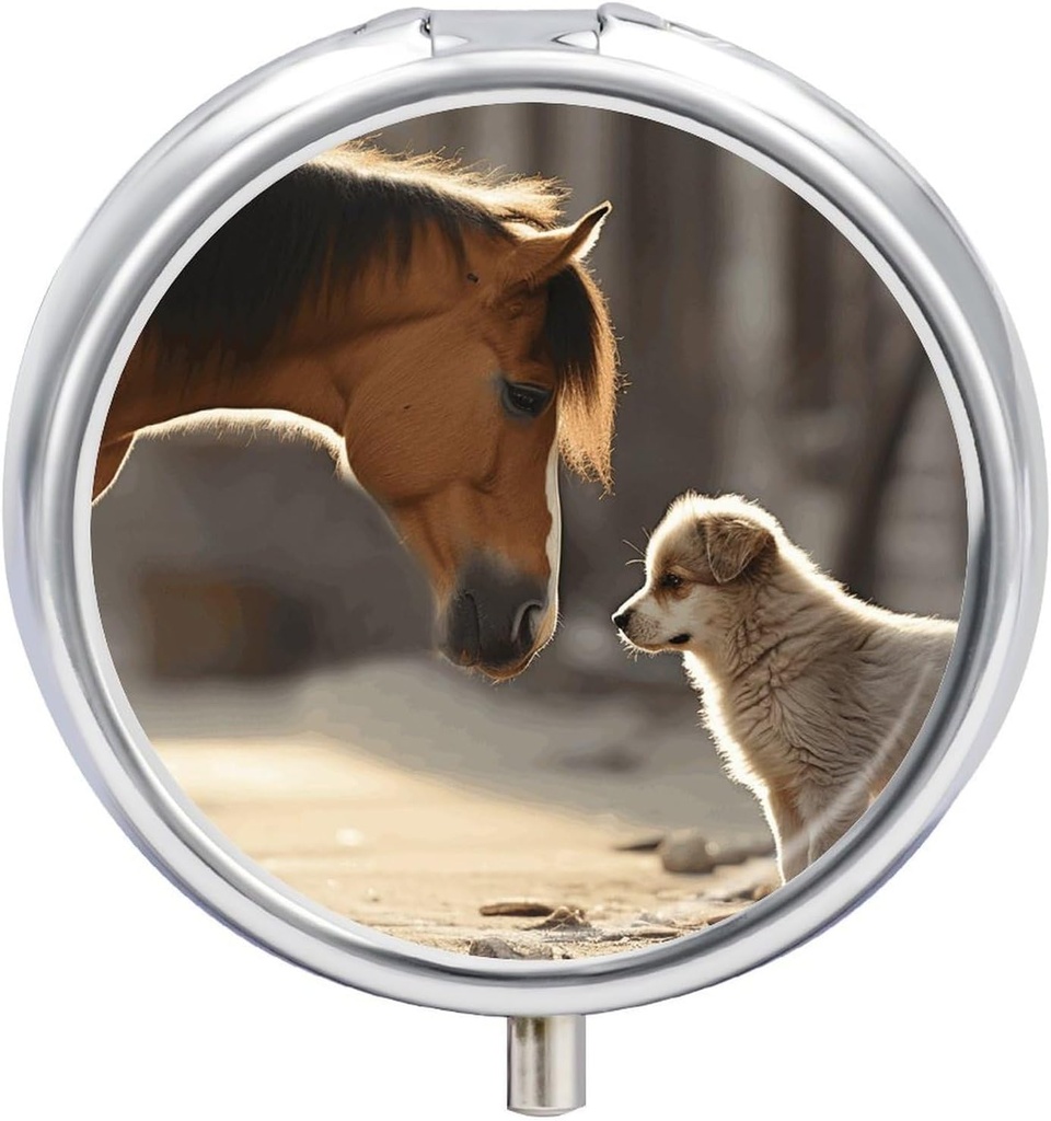 Cute Dog and Horse Printed Pill Box Lille Pill Case for Purse & Pocket 3 Segment Rejseglas Pill Boks Metal Round Lille Pill Organizer til at holde vitaminer, medicin, fiskeolie og kosttilskud