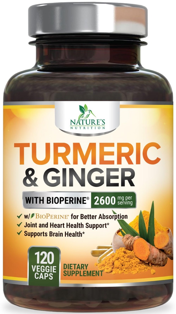 Gurkemeje Supplement 2600mg - med Økologisk Ginger & Gurkemeje, BioPerine Black Pepper Extract 95% Curcuminoider - Avanceret Absorption Joint & Antioxidant Extra Strength Support - 120 kapsler