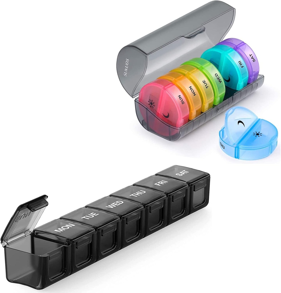 Sukuos 2 Pack Weekly Pill Organizer, Daily Pill Box 7 Dag Pill Cases for Vitaminer, Fiskeolier eller kosttilskud
