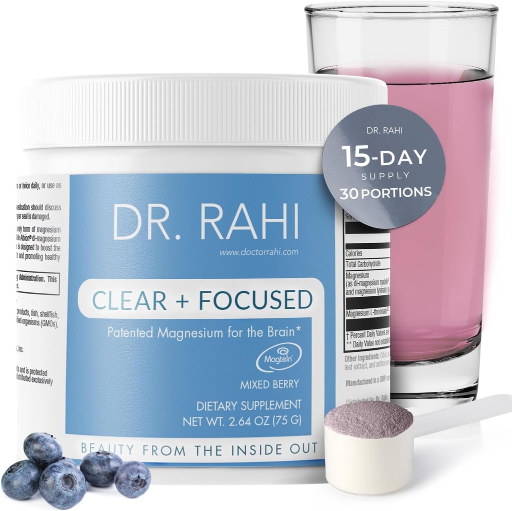 Magnesium pulver supplement Lavet i USA MixedBerry 75g, Magnesium L- Threonate pulver til søvn, hjerne støtte, non-GMO let at blande Magnesium supplement pulver til Adults- Clear og focused af Dr. Rahi