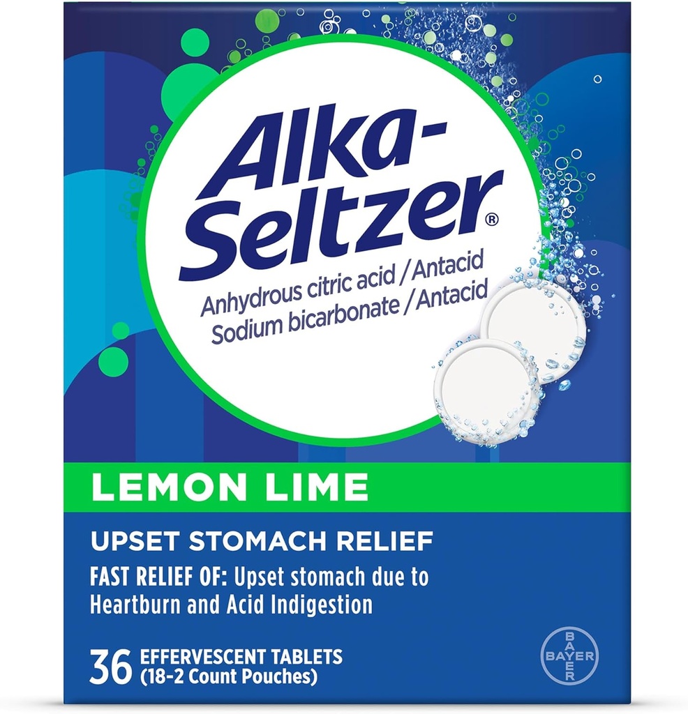Alka- Seltzer Lemon Lime Heartburn Relief tabletter, Hurtig syre fordøjelseslindring, Antacida med Lemon Lime Flavor 36 Ct