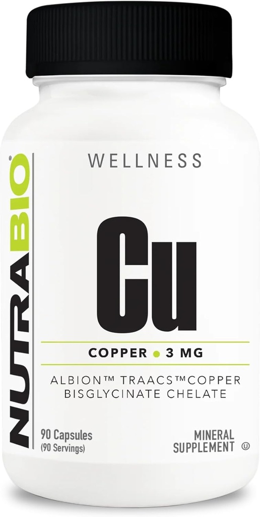 NutraBio Chelated Copper Bisglycinate Supplement (3 mg), immunforsvar - kobbertillæg - 90 kapsler