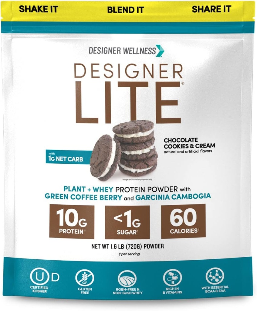 Designer Wellness, Designer Lite, Low Calorie Natural Protein, Prebiotic Fiber, Key Vitamin & Minerals, Chokolade Cookies & Cream, 25.6 Ounces