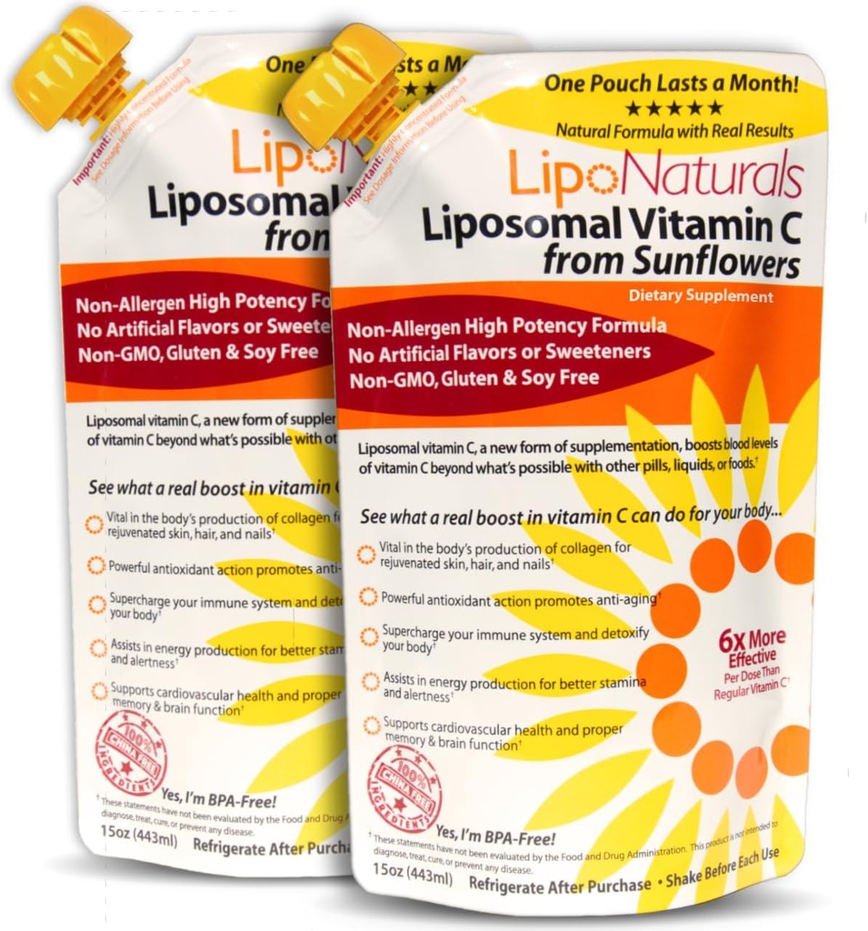 Lipo Naturals Liposomal Vitamin C 1000mg Flydende (2- Pack 60 Doser) - Natural Formel Immunity + Energy Support - Vegan, China- Free (15oz / 443ml ea.)