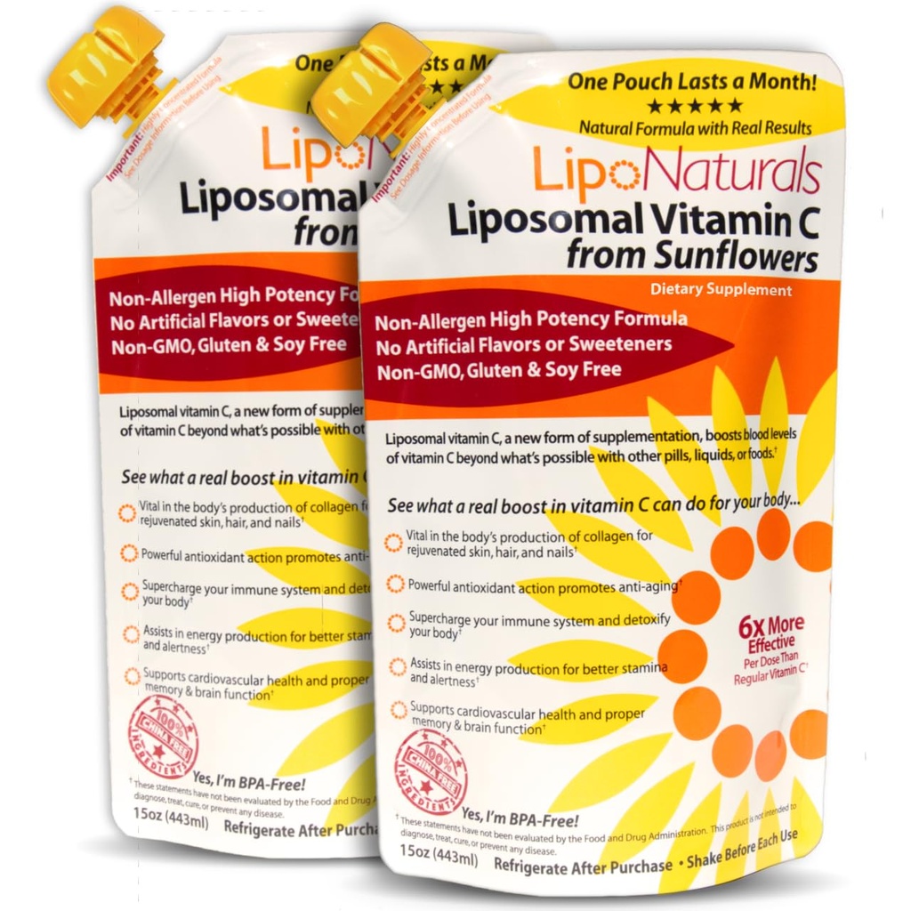 Lipo Naturals Liposomal Vitamin C 1000mg Flydende (2- Pack 60 Doser) - Natural Formel Immunity + Energy Support - Vegan, China- Free (15oz / 443ml ea.)