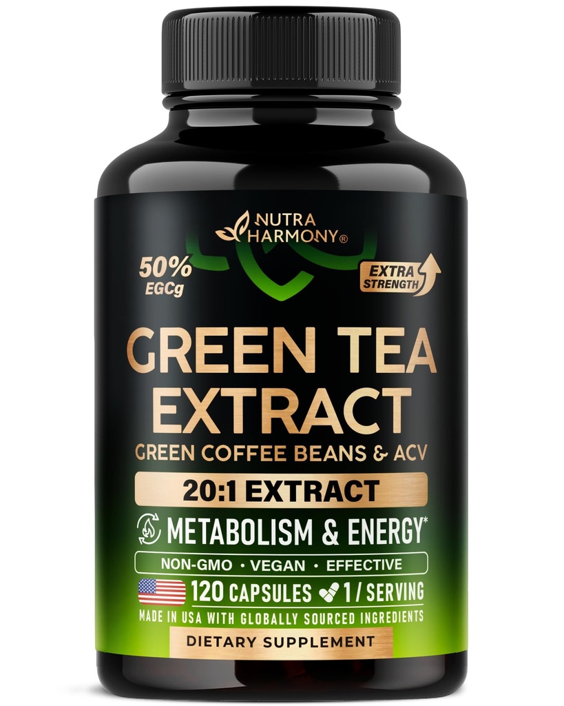 Green Tea Extract kapsler med grønne kaffebønner & Apple Cider Vincils - Energi & Metabolisme Support - Green Tea Supplement 50% EGCG - 20: 1 Natural Extract - for mænd og kvinder - 120 Veganske kapsler