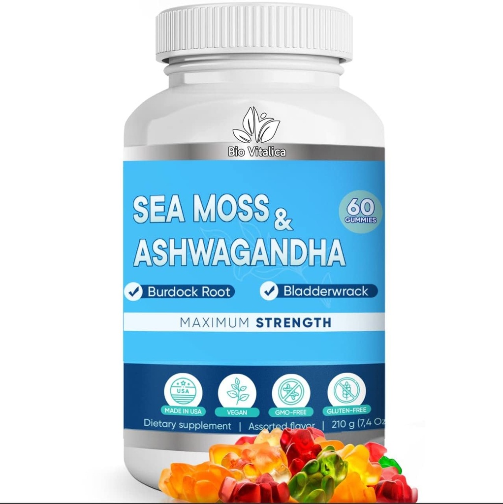 BIO VITALICA Sea Moss Ashwagandha Gummies - Organic Irish Seamoss & Ashwagandha Root Kosttilskud til støtte for energi & immunitet for mænd og kvinder, 60 Vegansk Gummies