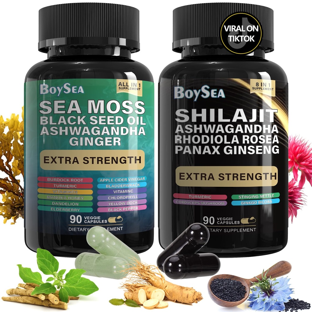 Boysea. Shilajit og Sea Moss Bund- 90 Greve - Sea Moss, Black Seed Oil, Ashwagandha, Ginger & Shilajit, Rhodiola Rosea, Alle i 1 Kosttilskud (1 Pc)
