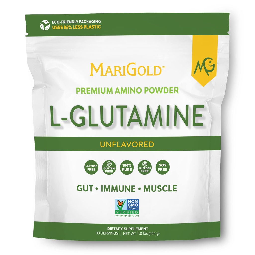 MariGold Pure Unflavored L- Glutaminpulver - Sund Gut, Immun, og Muscle Support, Non-GMO, Gluten Free, Soy & Allergen Free (5g / 5000mg per Serving)