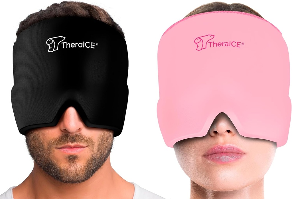 TheraICE Migraine Relief Cap, Soothing Headache Ice Pack Mask Products, Cooling Gel Hat, Face Cold Compress Head Wrap for Tension, Stress & Hangover