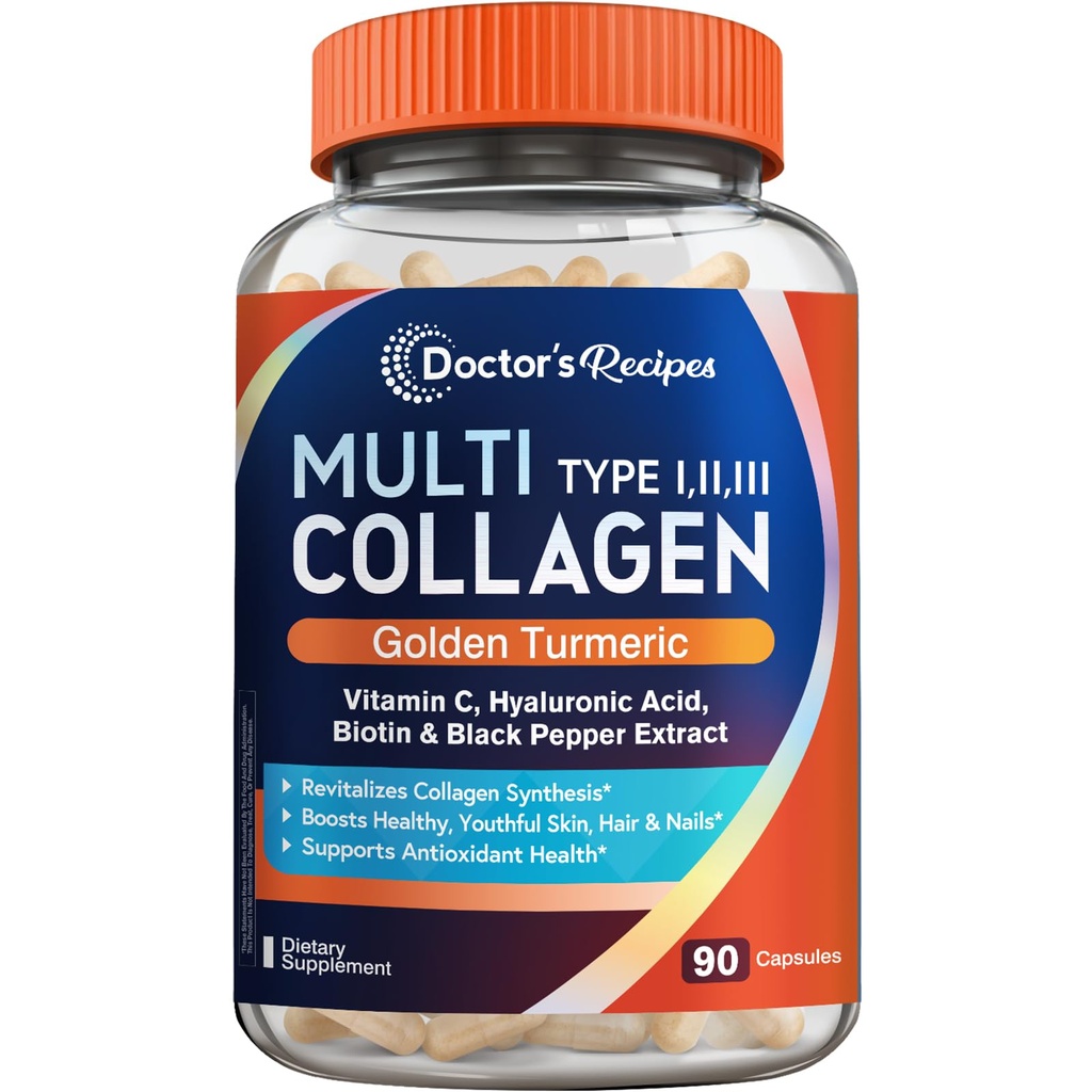 Lægens opskrifter Multi Collagen Peptider med gyldne gurkemeje, C-vitamin, biotin, hyaluronsyre & sort pepper, Collagen Kosttilskud til hud, hår, negle, Collagen til kvinder og mænd, 90 Caps
