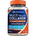 Lægens opskrifter Multi Collagen Peptider med gyldne gurkemeje, C-vitamin, biotin, hyaluronsyre & sort pepper, Collagen Kosttilskud til hud, hår, negle, Collagen til kvinder og mænd, 90 Caps