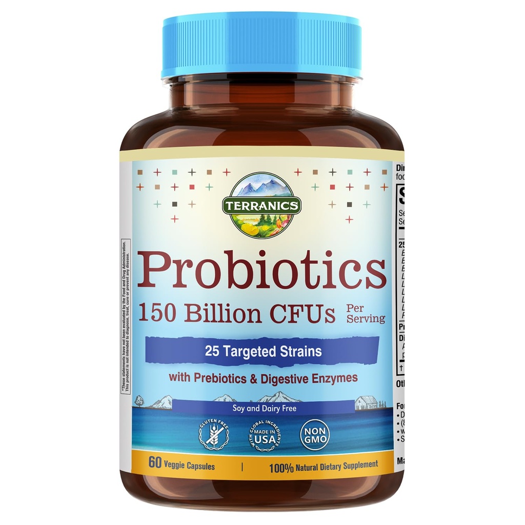 Terranics Daglige Probiotika for Mænd og Kvinder, 150 Millioner 25 Stammer Colon Care Probiotika, med Prebiotika & Enzymes, Sund Regularitet, Forsinket Udgivelse, Hylde Stable, 60 Veggie Caps