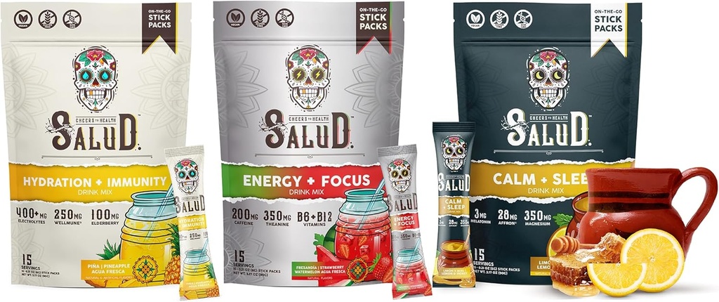 Salud Variety 3-Pack Yep 124; 2-in-1 Hydration + Immunitet (Ananas), Energi + Focus (Jordbær Vandmelon) & rolig + Sleep (Lemon Honning) - 15 Servering Hver, Non-GMO, Gluten Free, Low Calorie, 1g sukker