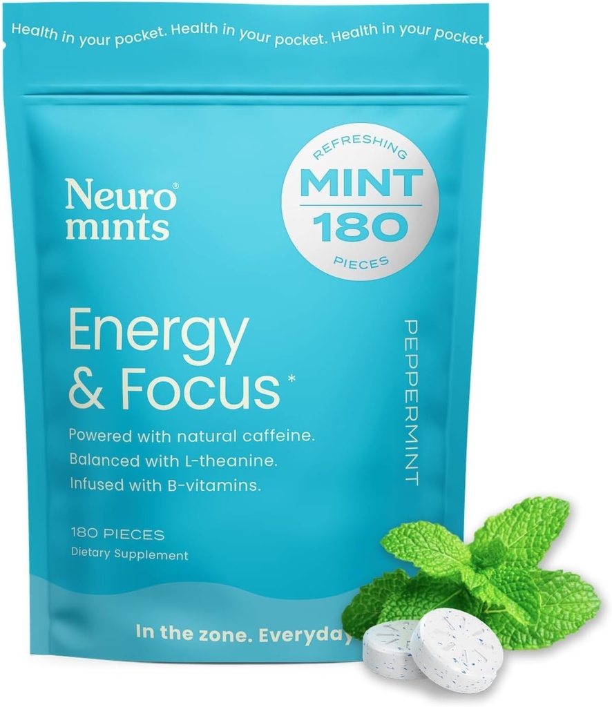 NeuroGum Energy Caffeine Mints (180 Pieces) - Sugar Free with L-theanine + Natural Caffeine + Vitamin B12 & B6 - Nootropic Energy & Focus Supplement for Women & Men - Keto & Vegan, Peppermint Flavor