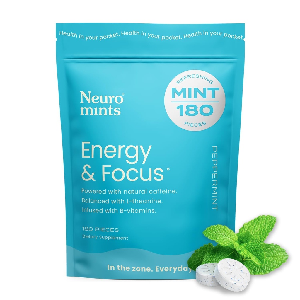 NeuroGum Energy Koffein Mints (180 stykker) - Sukker fri med L- theanin + Natural Koffein + vitamin B12 & B6 - Nootrop Energy & Focus Supplement for kvinder & mænd - Keto & Vegan, pebermynte Flavor