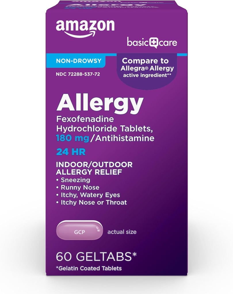 Grundlæggende pleje, 24 timers Allergi Relief, Fexofenadine Hydroklorid Geltabs 180 mg, Non- Drowsy Antihistamin, 60 Greve