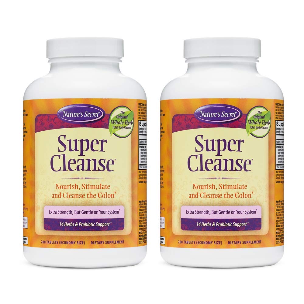 Nature 's Secret Super Cleanse Extra Strength Toxin Detox & Gentle Elimination Body Cleanse, Digestive & Colon Health Support - Stimulerende Blend af 14 urter med Probiotika - 200 tabletter (pakke med 2)