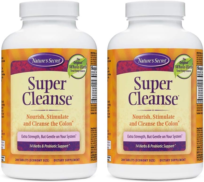 Nature's Secret Super Cleanse Extra Strength Toxin Detox & Gentle Elimination Body Cleanse, Digestive & Colon Health Support - Stimulating Blend of 14 Herbs with Probiotics - 200 Tablets (Pack of 2)