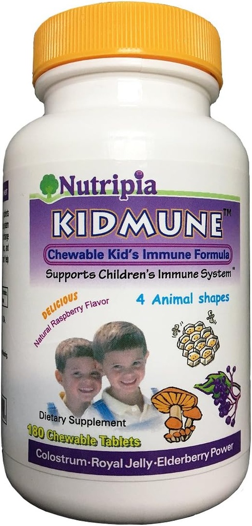 Kidmune Kids immunbooster - 180 Chewable Mini Tabs med Elderberry, Colostrum, Propolis, Beta Glucan, Astragalus, C-vitamin, D, Zink - Fun 4 Animal Shapes!
