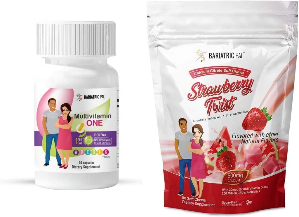 BariatricPal Duodenal Switch Complete 30-Day Supply Vitamin Pack (Iron-Free Capsule Calcium Citrate Soft Chews with Probiotics - Strawberry Twist)