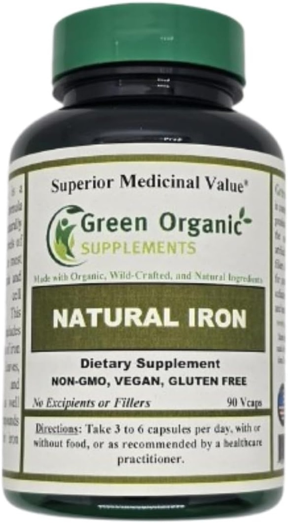 (Pakke med 1) Grøn Økologisk Kosttilskud 'Jern, 2000mg Økologiske Jern Kapsler, 90, Håndlavet, Vegan, Non- GMO, & Gluten Free Natural Jern Kapsler