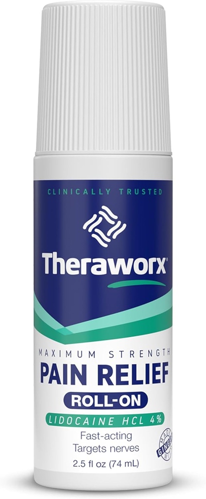 Theraworx Maksimal styrke Smerte Relief Roll -On med Lidocain, Fast- Fungerende - 2,5 Oz - 1 Greve
