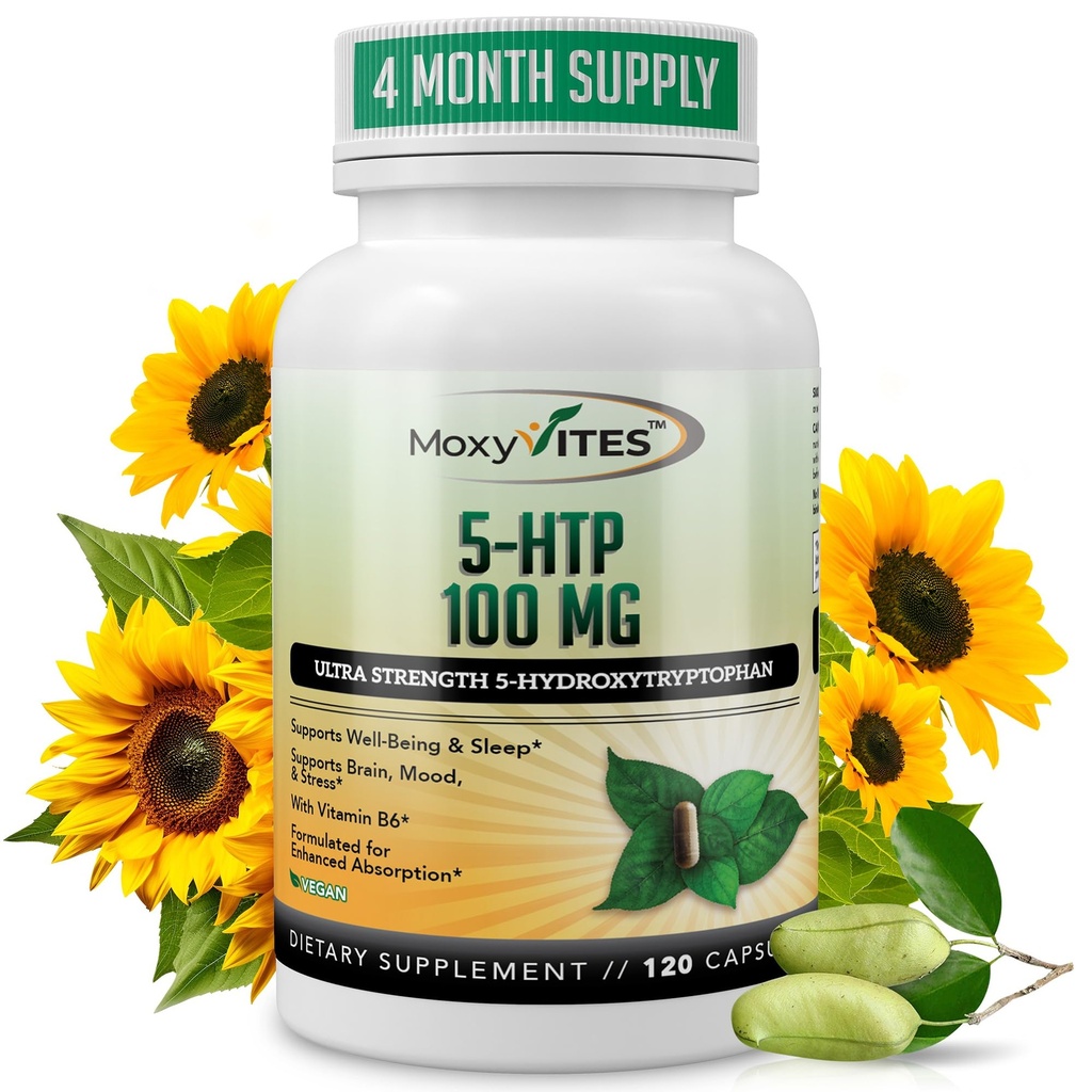 MoxyVites 5htp 100mg tillæg, Plus B6, 5 htp økologisk hel mad - bedste serotonin booster - non-GMO, 120 Vegan kapsler
