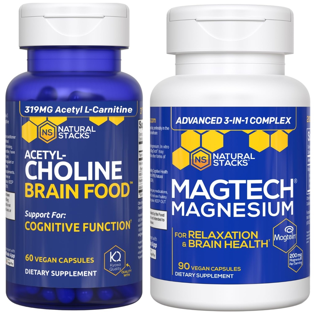 Naturlige stakke Magtech Magnesium + Acetylcholine Brain Food Bundle - Understøtter Brain Health, Afslapning & Kognitiv funktion * - 150 Total Kapsler
