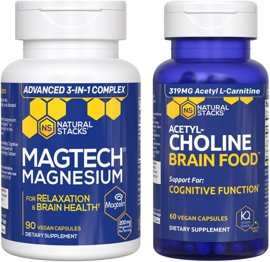 Naturlige stakke Magtech Magnesium + Acetylcholine Brain Food Bundle - Understøtter Brain Health, Afslapning & Kognitiv funktion * - 150 Total Kapsler