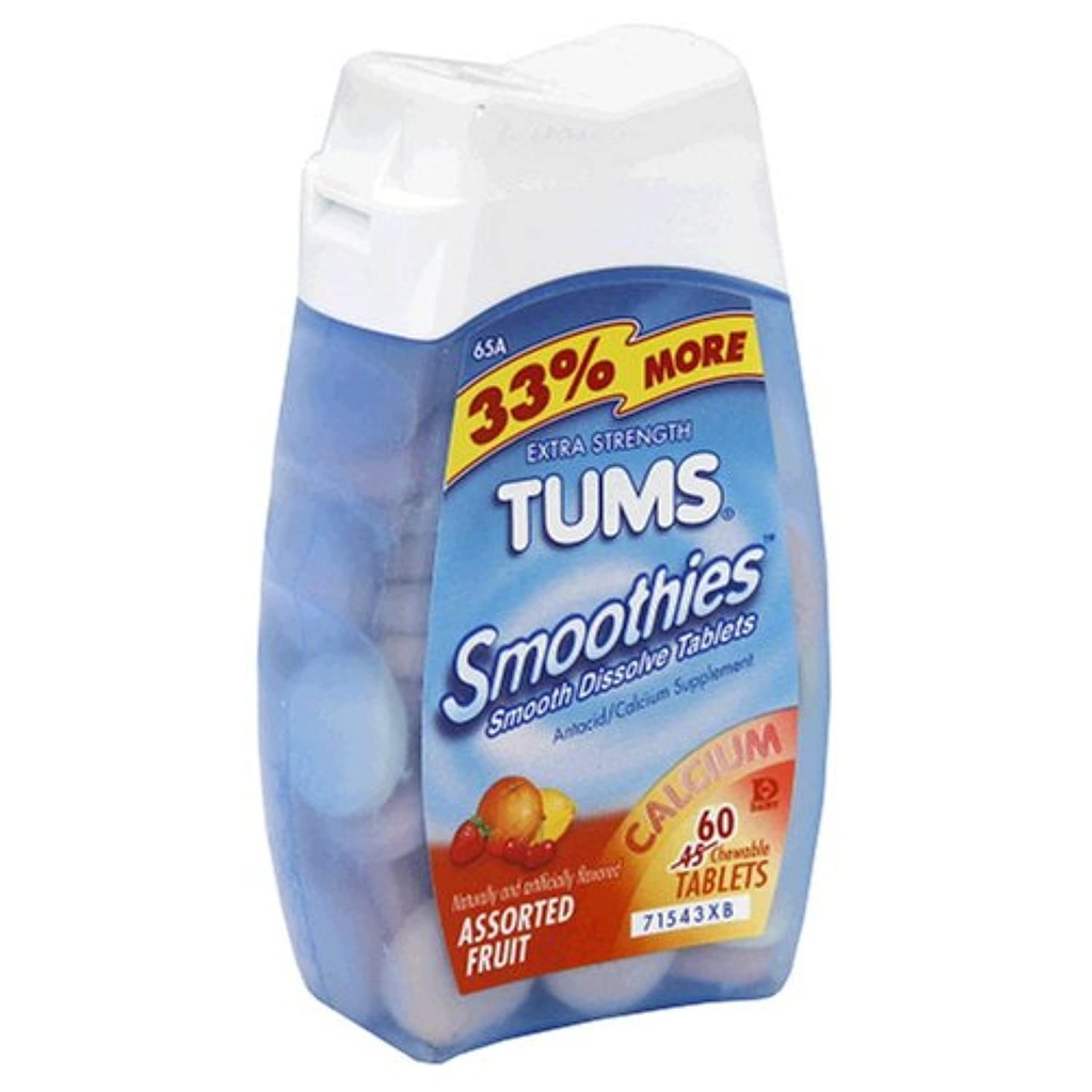 TUMS Smoothies Extra Strength Assorted Frugtantacida Chewable Tablets 60 tæller