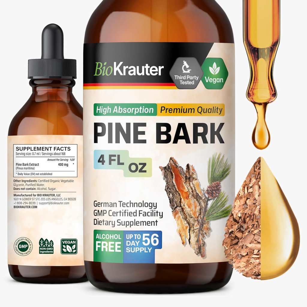 BIO KRAUTER Pine Bark Extract - Rich in Antioxidants Liquid Supplement - 400 mg French Maritime Pine Bark Extract Drops - Vegan, Alkohol & Sugar Free - 4 Fl Oz
