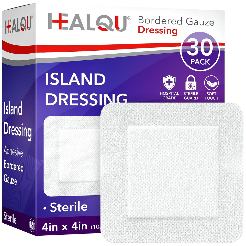 SORQU Island Dressing - 4 "x4", 30 Greve - Borderet Gauze Sterile Individuelt indpakket Gauze Pads, Vand- resistent, Ikke-vævet Backing - Soft og Breathable Sown Dressing til førstehjælp og medicinsk