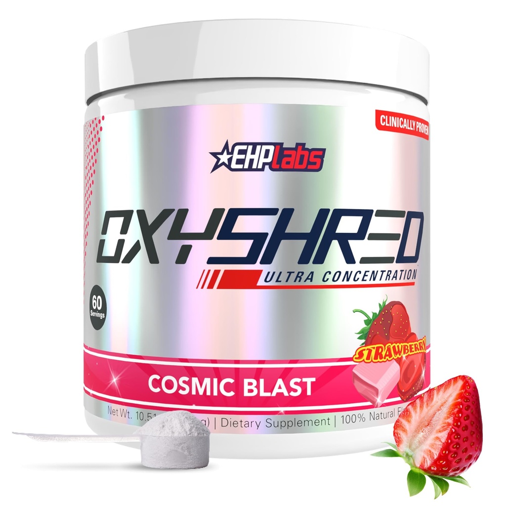 EHP Labs OxyShred Pre Workout Powder - Preworkout Powder med L Glutamin & Acetyl L Carnitin, Energy Boost Drink - Kosmisk Blast, 60 Servering
