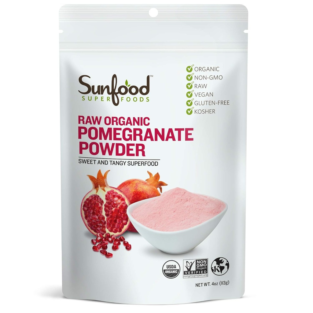 Sunfoods Raw Organic Pomegranate Powder - Pomegranate Juice Powder, Pomegranate Powder Organic, Tørret Pomegranate Extract, Rå, Usødet, Vegan, USDA Organic - 4 oz Bag